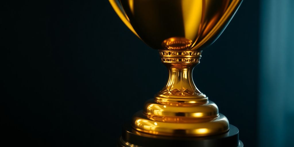 Golden trophy with a subtle glow on a dark background.