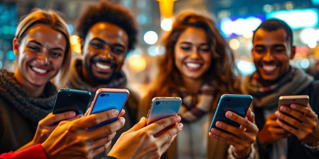 Diverse people connecting online, modern city in background.