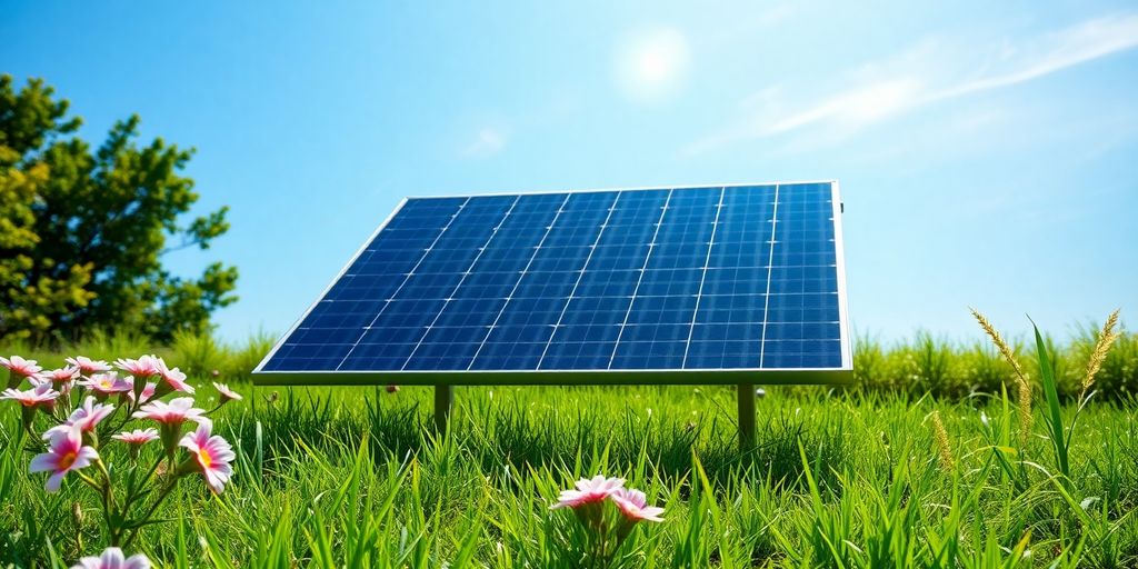 Panneau solaire au sol, jardin verdoyant