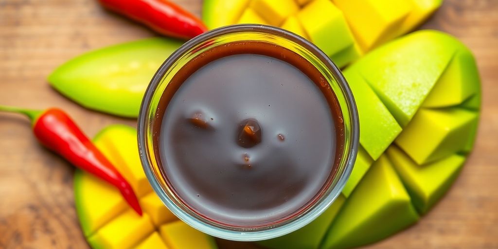 น้ำปลาหวานสีเข้มพร้อมเครื่องเคียงผลไม้สด