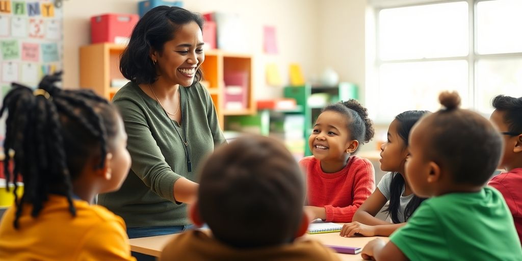 Compassionate teacher helping diverse students in a classroom.