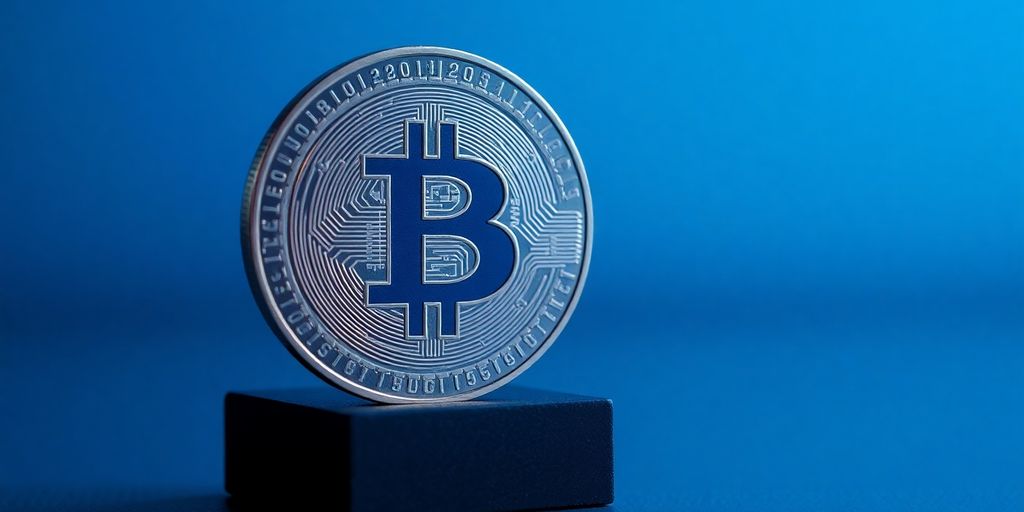 Polished silver digital coin on a dark block with blue light.