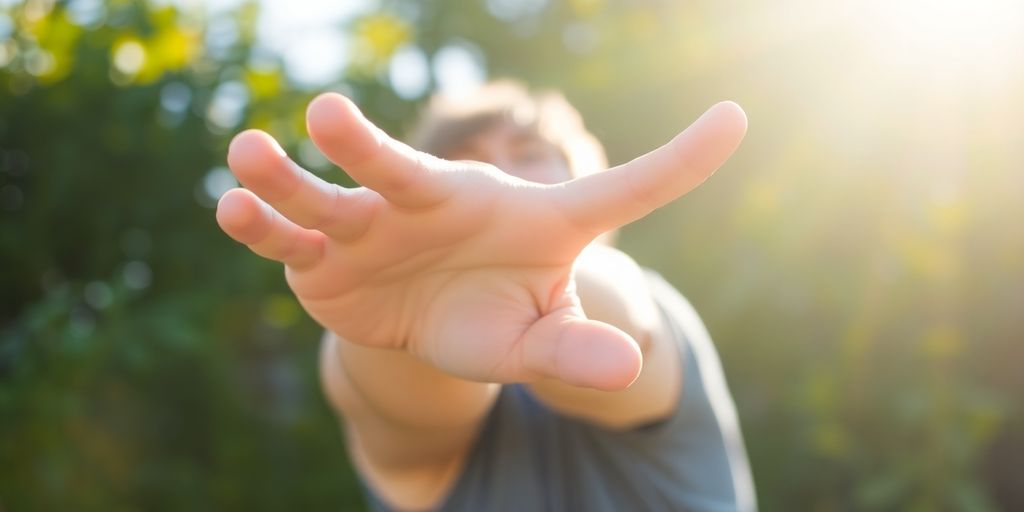 Active person stretching outdoors, vibrant sunshine.