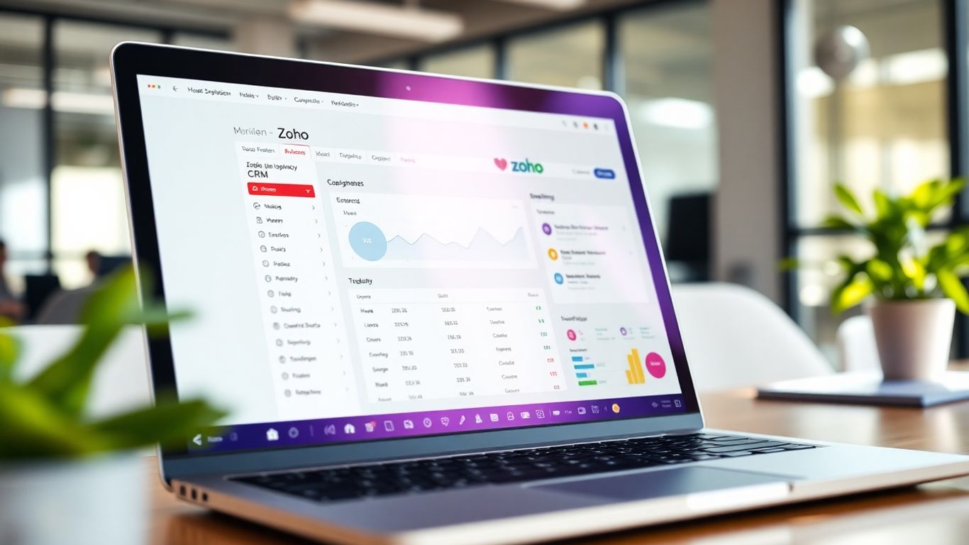 Zoho CRM software interface on a laptop.