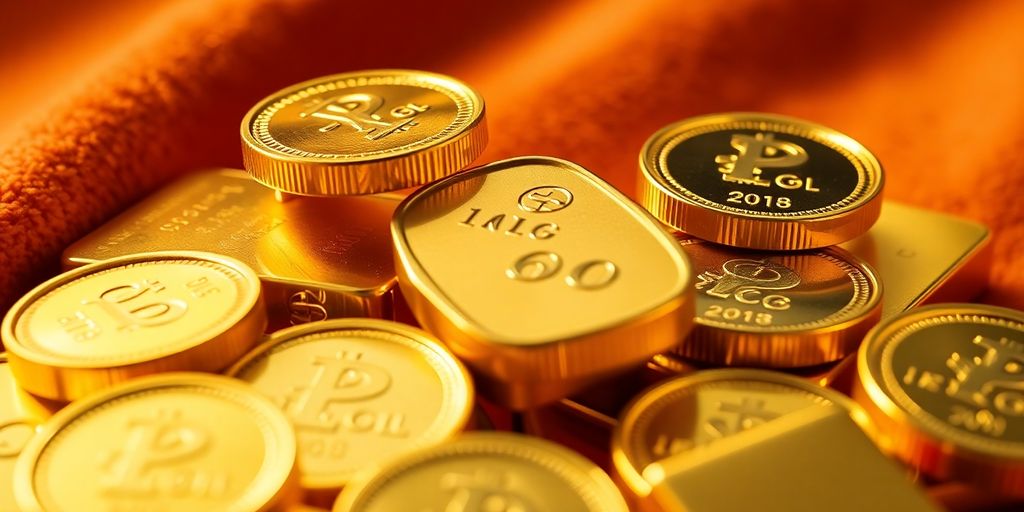 Monnaie d'or et lingots sur un fond velouté.