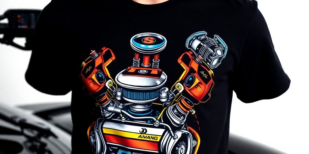T-shirt with colorful engine graphic print for car enthusiasts.