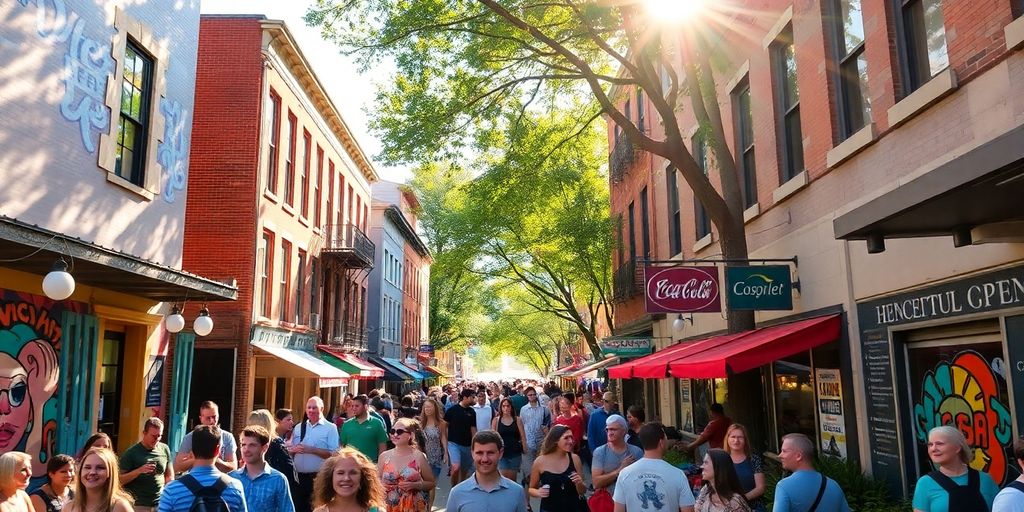 Colorful street scene in Athens, Georgia, with students and art.