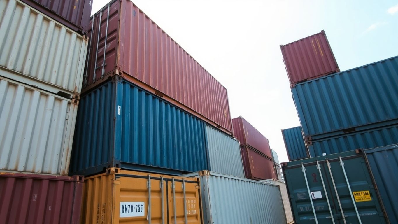 Used steel storage containers stacked outdoors.