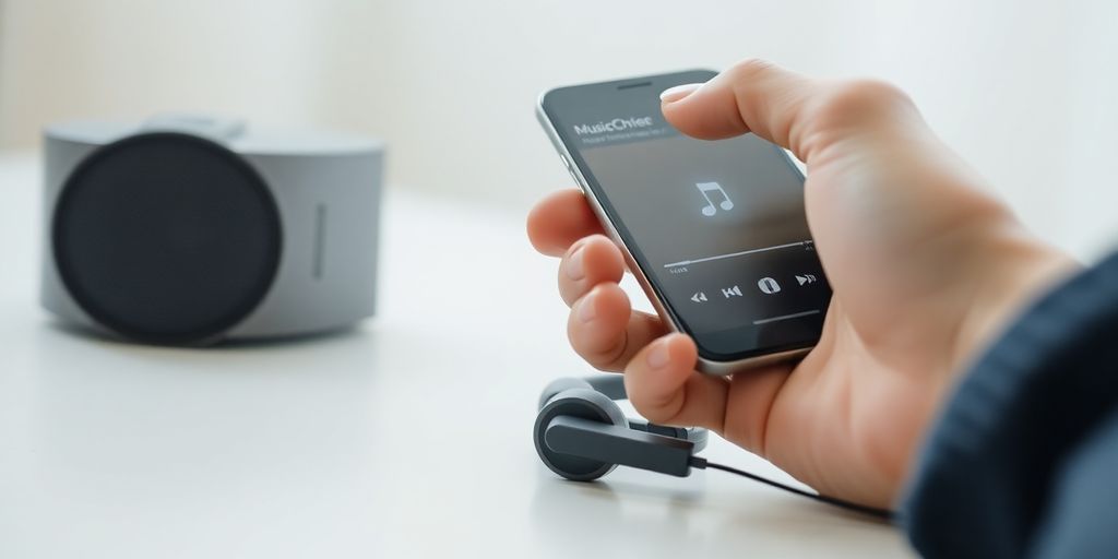 Hand holding phone with music, headphones, sound waves.