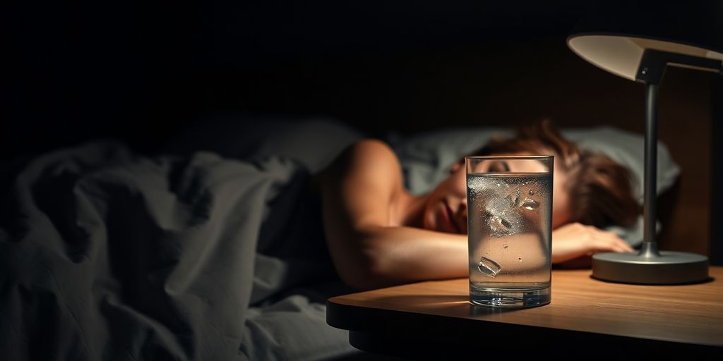 Woman sleeping peacefully with a glass of clear liquid.
