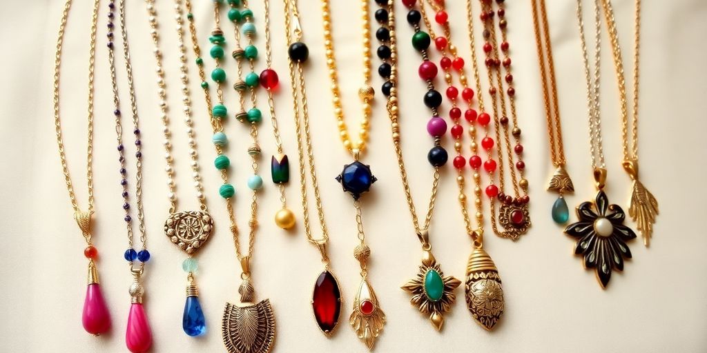 Colorful long necklaces displayed on a soft background.