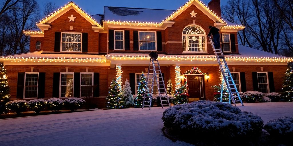 Decorated home, festive lights, snowy night