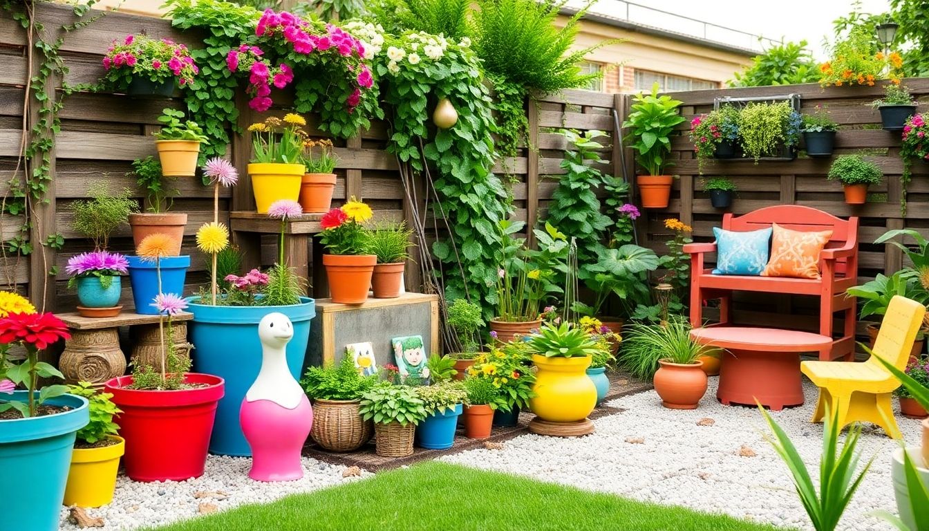Colourful temporary garden features in a London setting.