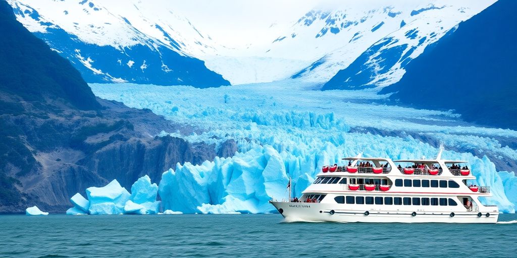 Tour boat near a massive glacier in Kenai Fjords, Alaska.