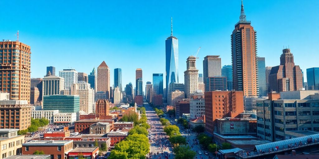 Aerial view of a busy urban skyline.