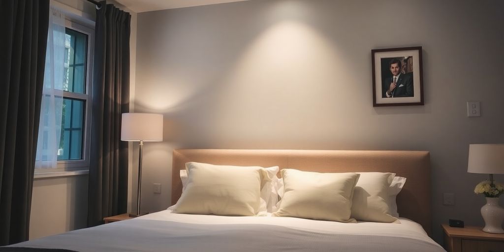 Cozy bedroom with soft lighting and inviting decor.