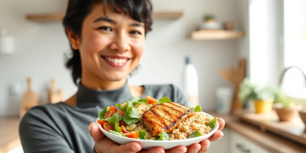 Pessoa sorrindo satisfeita, com prato de comida saudável e equilibrada.