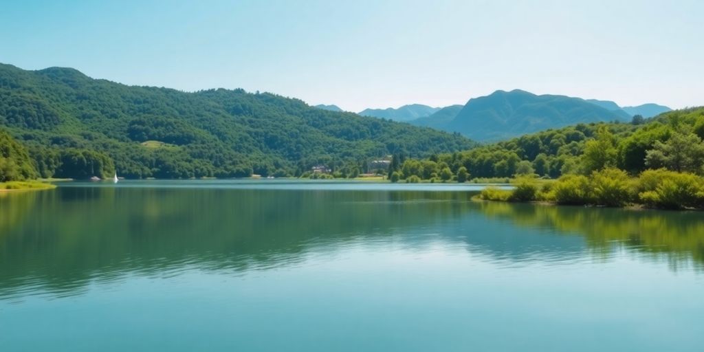 Lago sereno com montanhas e vegetação ao redor.