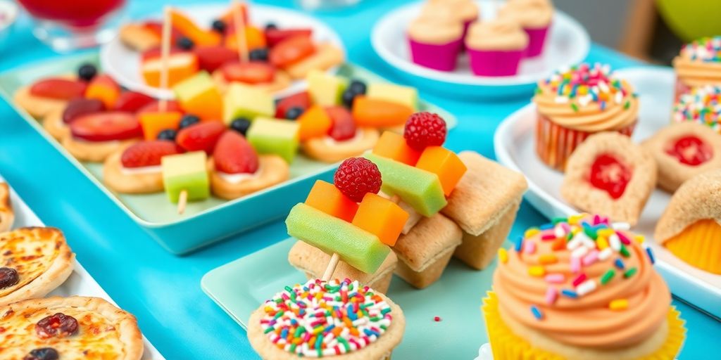 โต๊ะจัดเลี้ยงเต็มไปด้วยอาหารว่างสำหรับเด็กหลากหลายสีสันน่าทาน