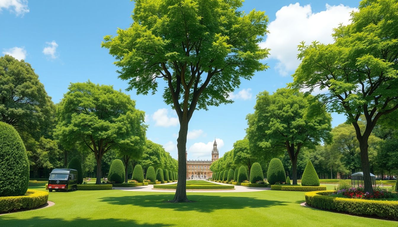 Well-maintained London park with trimmed trees and shrubs.