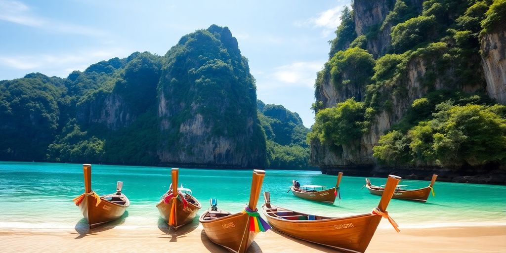 Limestone cliffs, longtail boats, clear water, sandy beach.