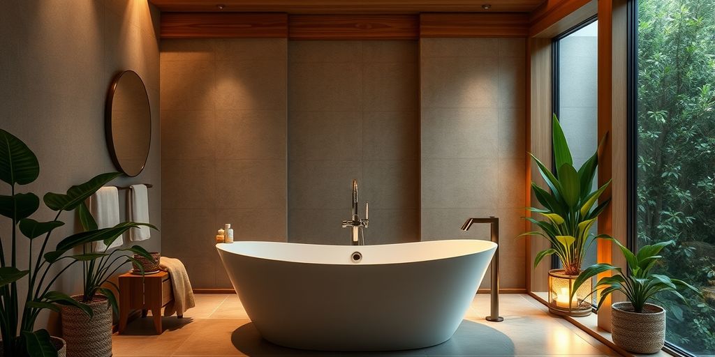Serene spa bathroom with bathtub and plants