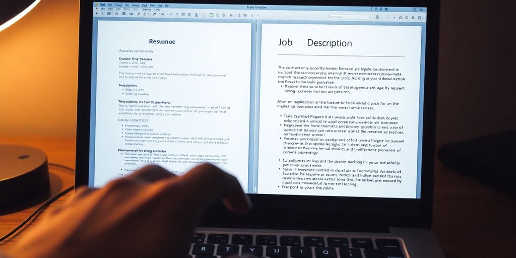 Laptop screen with resume and job description.