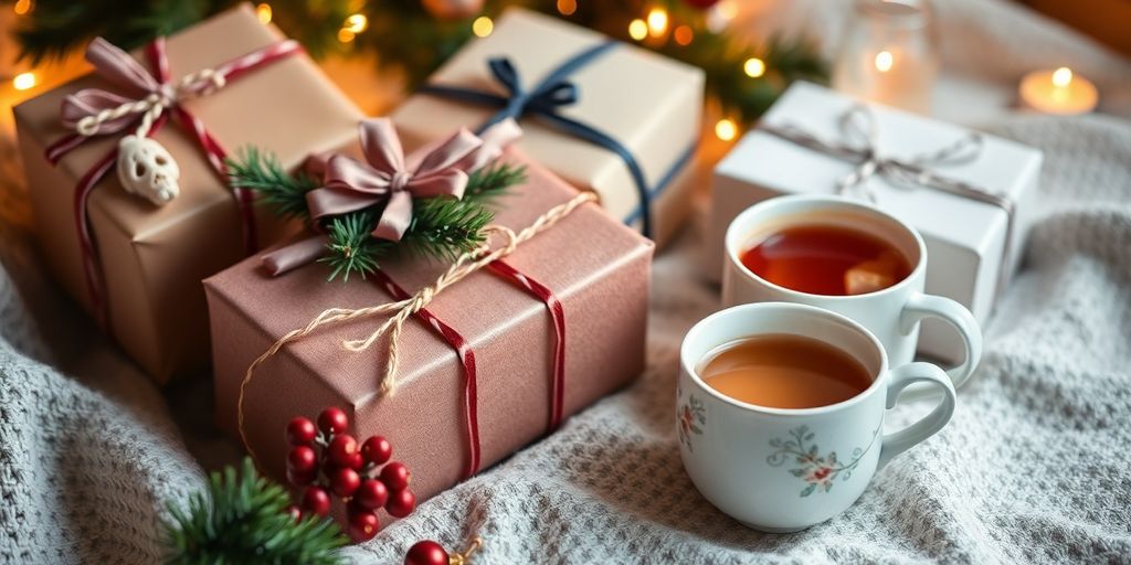 Cozy Christmas gifts and tea in a festive setting.