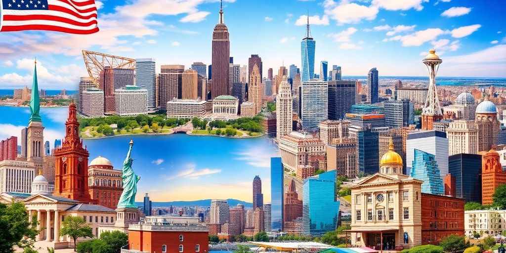 Collage of iconic U.S. city landmarks and landscapes.