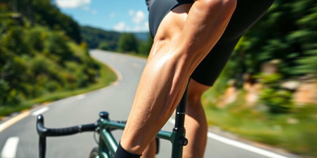 Cyclist pushing uphill, sweaty, determined, vibrant.