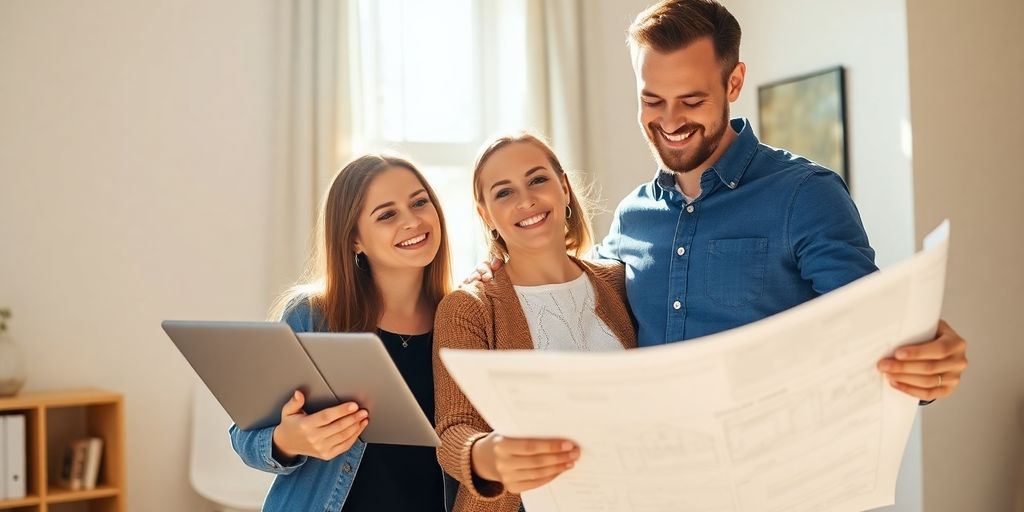 Couple looking at blueprints with a real estate agent.