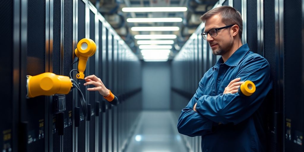 Engineer adjusts server wiring beside robotic arm in data center.