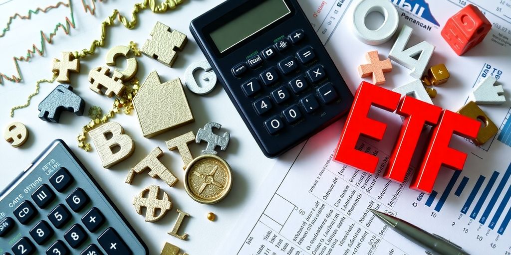 Aktien und ETFs mit Finanzdokumenten und Taschenrechner.