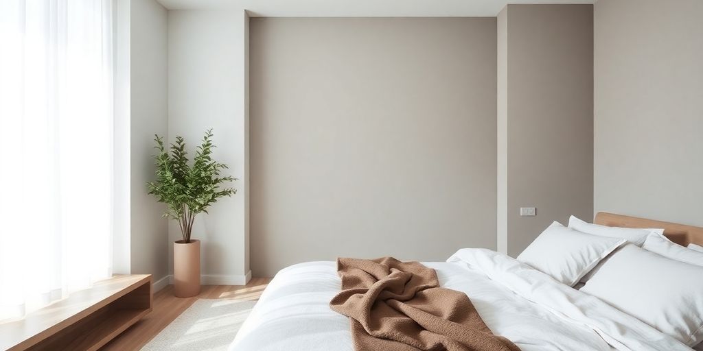 Serene modern bedroom with minimalist decor and soft natural light.