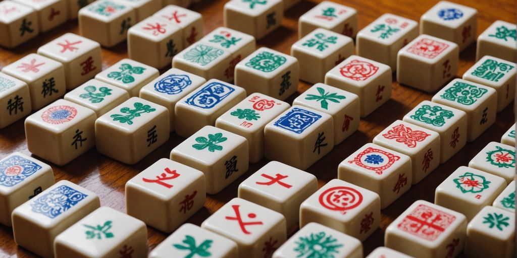 Mahjong tiles arranged on a wooden table.