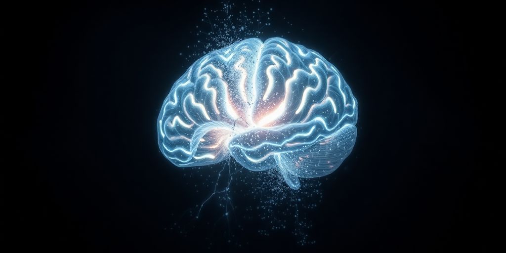 Fractured digital brain, fading circuits, dark background.