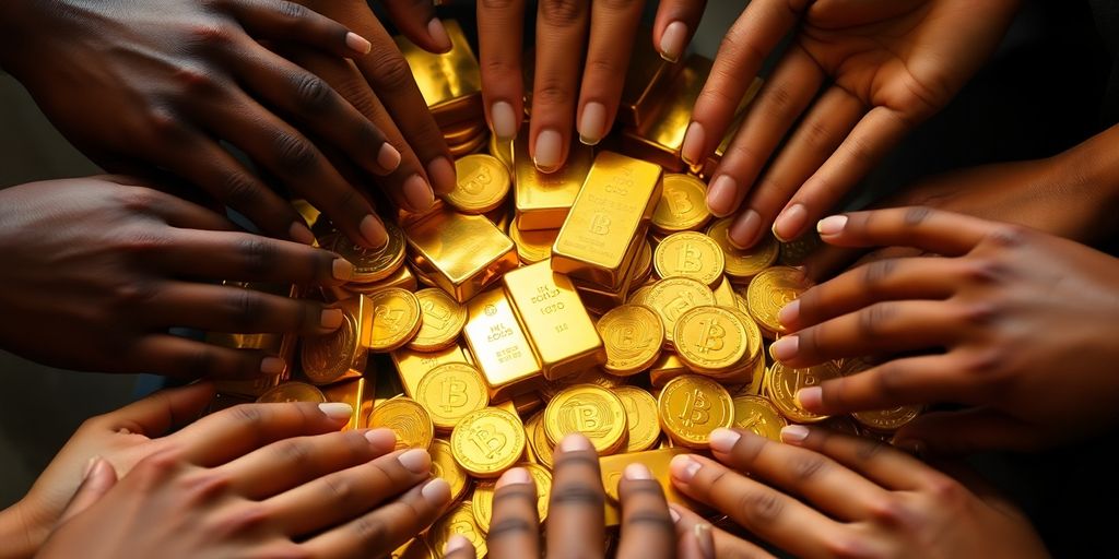 Des mains atteignant des lingots et des pièces d'or.