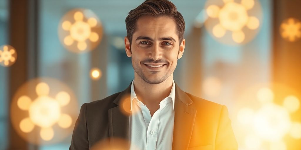 Professional, confident individual standing, surrounded by glowing client testimonials.