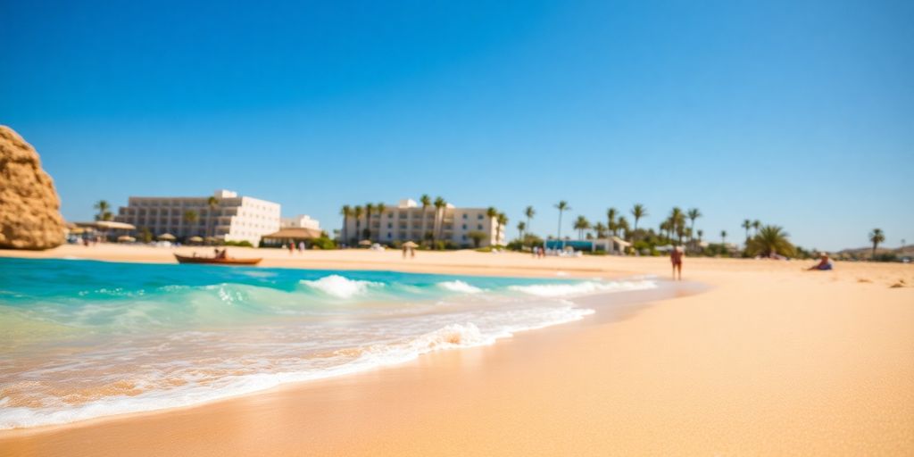 Sunny beach with resort in background.