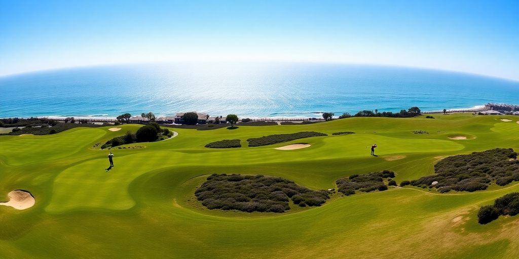 Panoramic view of Torrey Pines Golf Course with ocean.