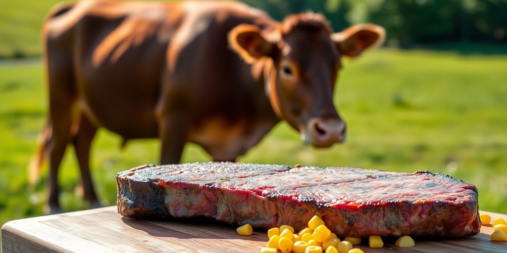 Grain-fed cow, beef steak, corn, green pasture.