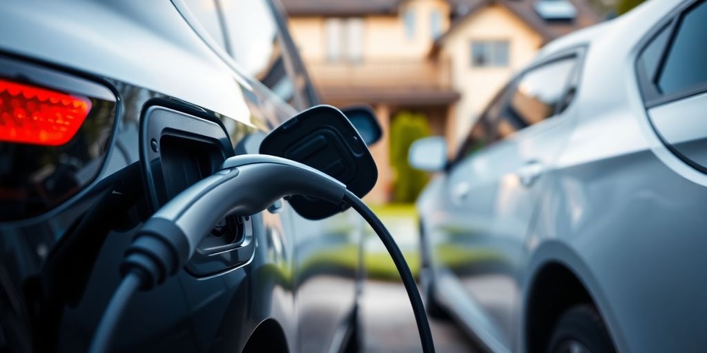 Electric vehicle charging at home with a charging cable.