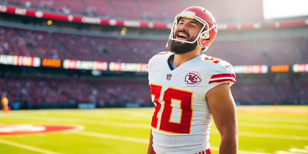 Travis Kelce smiling, football field background.