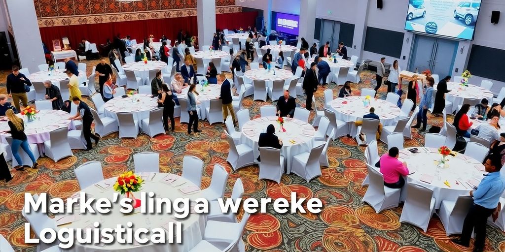 Bunte Veranstaltung mit Tischen, Stühlen und Dekoration.