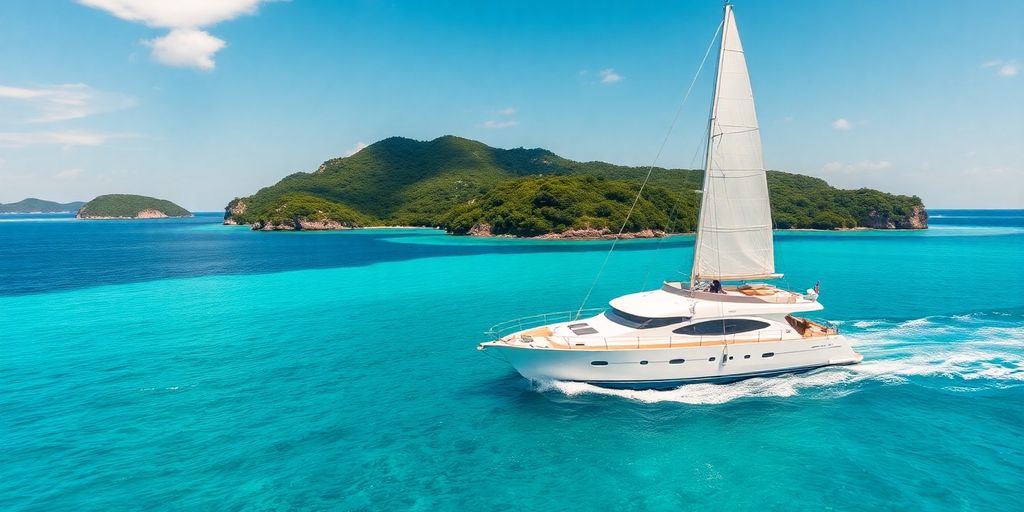 Luxury yacht sailing turquoise Bahamian waters under sunny skies.
