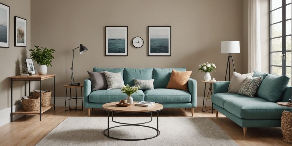 Living room with light wood floors and modern decor.