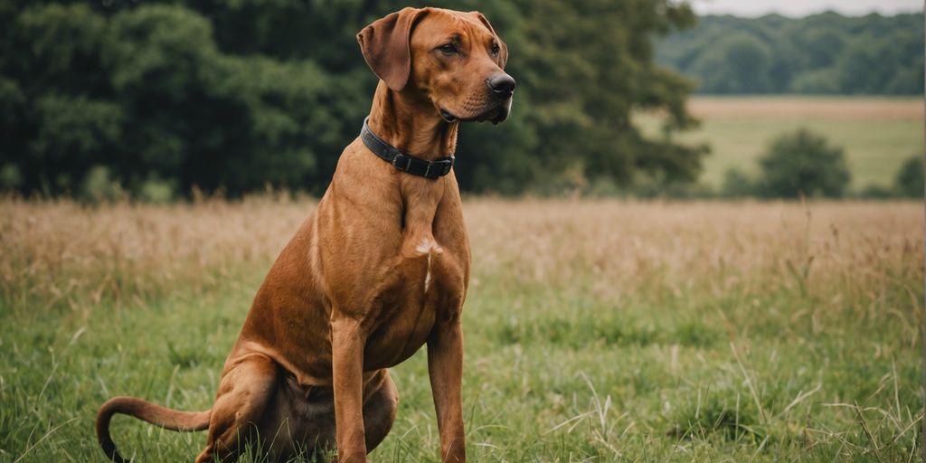 Rhodesian Ridgeback standing alert in a grassy field.