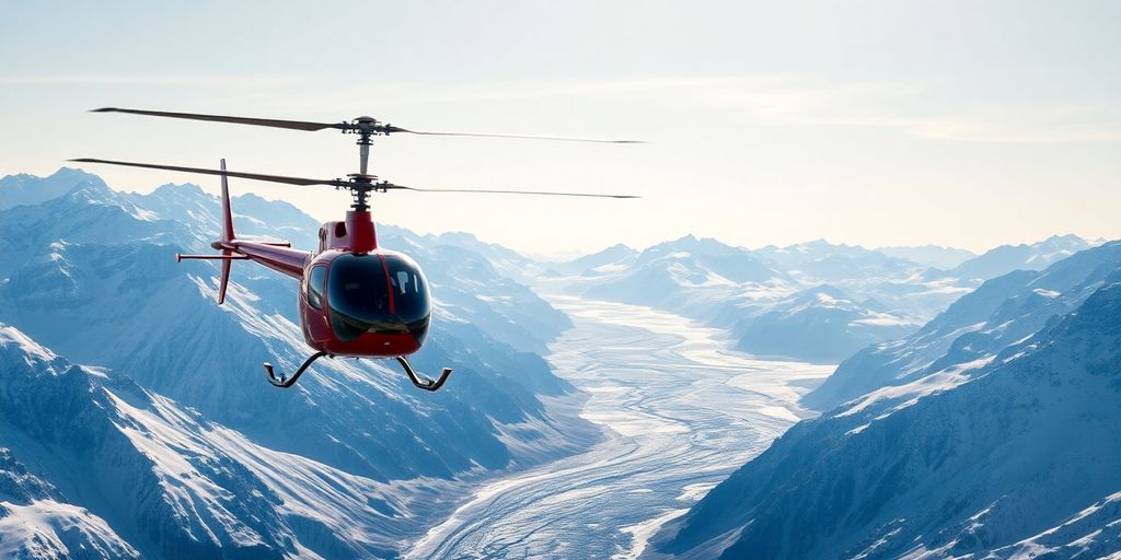A helicopter flying over a vast, snow-covered Alaskan glacier.