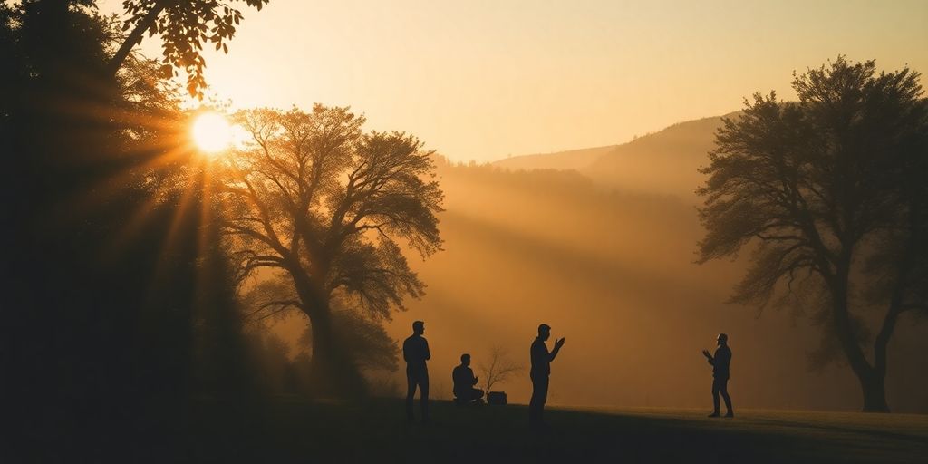 Silhouetted figures praying in a tranquil natural setting.