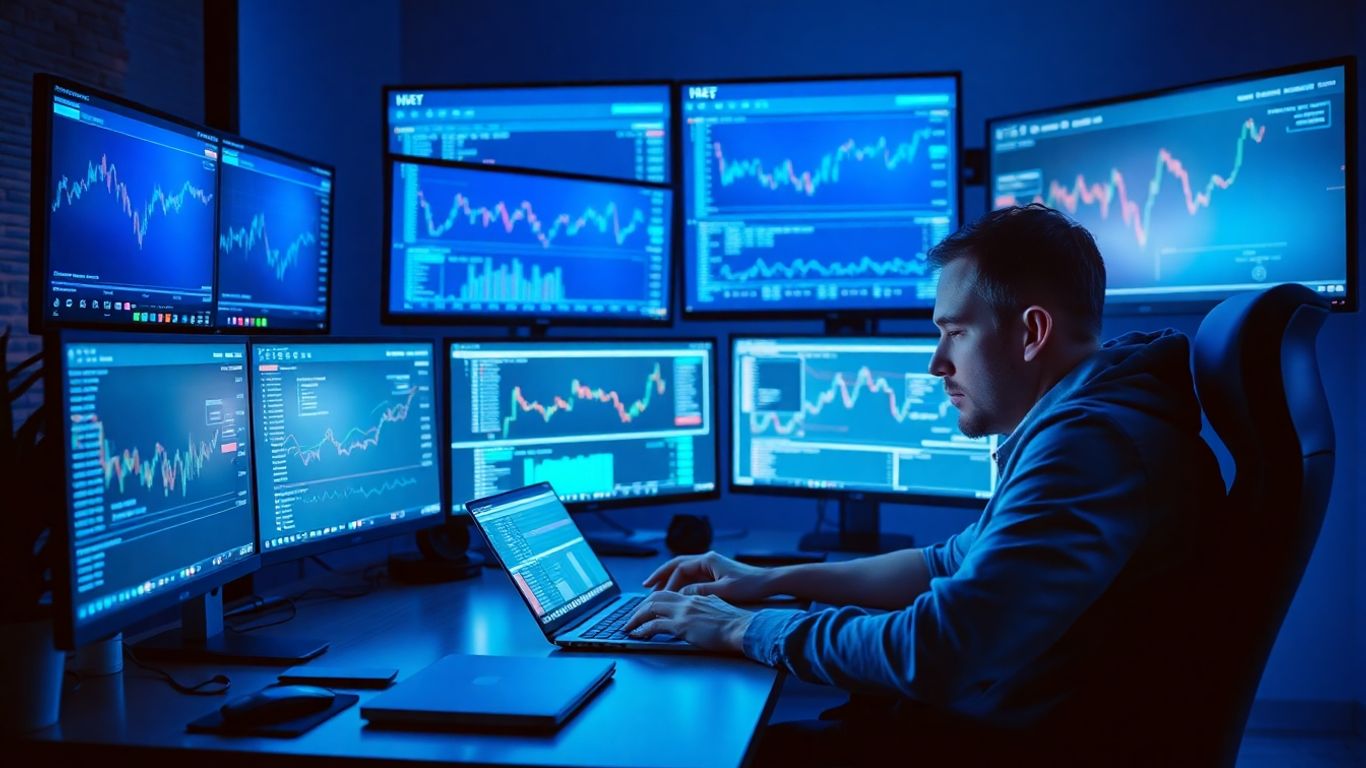 Person analyzes crypto data on monitors in modern workspace.